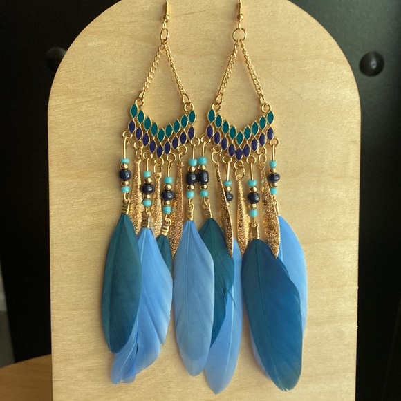 Jewelry - NEW Boho Chandelier Feathered Festival Earrings Blue Azul Aretes